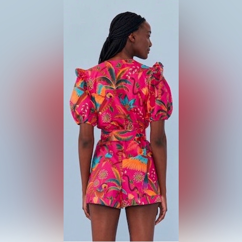 FARM Rio Macaw Party Pink Belted Puff Sleeve Romper - Picture 3 of 12